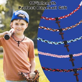 Kehuify Baseball Necklace for Boys, Baseball Necklace Three-Braid Rope Tornado Cross Necklace Sports Titanium Necklace Baseball Rope Necklace (Red white grey)