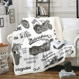 Vintage Motorcycle Sherpa Blanket Boys Motocross Extreme Sports Fleece Throw Blanket Racing Dirt Bike Plush Blanket 3D Motorbike Print Fuzzy Blanket for Sofa Bed Couch Queen 90x90 Inch