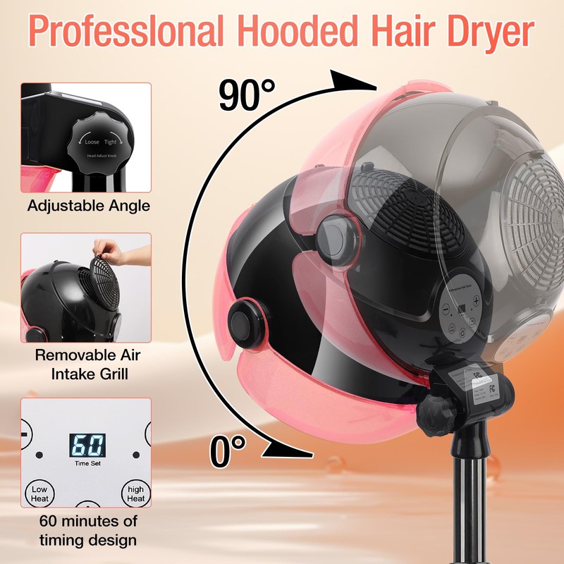 Hooded Hair Dryer, Professional Standing Hair Dryer with Time Setting,