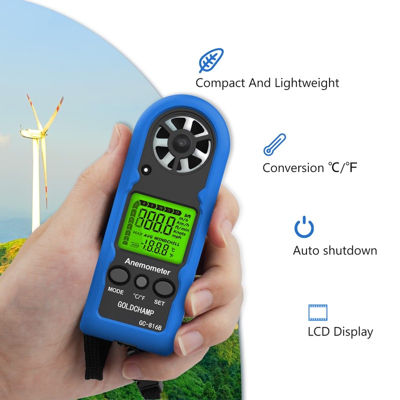 Anemometer Handheld, Mini Digital Wind Speed Meter, Measuring Temperature, Max/Average/Current