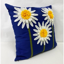 Fennco Styles Handmade 3D Sunflowers Cotton Canvas Decorative Throw Pillow 18" W x 18" L - Navy Blue Floral Cushion for Couch, Bedroom and Living Room Décor