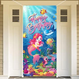 HOWAF Mermaid Happy Birthday Door Cover for Girls Birthday Party Decorations Supplies, Under the Sea Princess Themed Happy Birthday Door Banner, Ocean World Pink Door Banner for Girls Baby Shower Decor