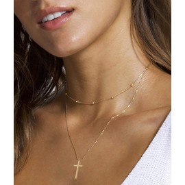 Ovian Sideways Cross Necklace for Women 18K Gold Plated Stainless Steel Christian Religious Cross Choker Necklace (03 Layered Silver)