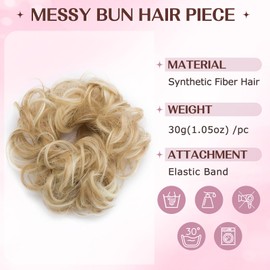 S-noilite Hairpiece with Elastic Band, Large Bun Hairpiece, Hair Extension, Wavy Curly, Messy Bun Ponytail for Women and Girls, 30 g, Brown Blonde Highlight