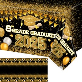 tineit 8th Grade Graduation Decorations Class of 2025-3 Pack Black Gold Tablecloths 54"x108" (9x4.5ft) Plastic Cover, Class of 2025 Decorations Party Supplies with 8th Grade Graduate 2025"
