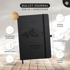 LEBENSKOMPASS Bullet Journal Notebook Diary A5 Pro "Mountain" - Notebook A5 Dotted 5 mm, Extra Thick Paper 120 g/m² FSC® - Journal Book & Dotted Notebook A5
