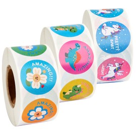 3 Roll Reward Stickers, 1500 Pcs Motivational Stickers for Kids, School Supplies Roll Sticker for School Classroom, 24 Designs (Each Measure 1” in Diameter), Include Dinosaur/Unicorn/Flower Patterns