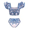 FLAXMAKER Ruffle Porcelain Pattern Majolica Print Back Elastic Band Bikini