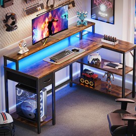SUPERJARE 53 inch Reversible L Shaped Desk with LED Lights & Power Outlets, Computer Desk with Shelves & Monitor Stand, Gaming Desk with Drawer, Home Office Desk Corner Desk, Rustic Brown