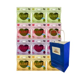 Big Top Deals USA Blue Paper Gift Bag 5.25x3.2x8 with Variety Pack Snacks – Pitted Green & Kalamata Olives 4 Flavors – Basil Garlic, Chili Oregano, Lemon Rosemary, Chili Garlic – 12 Pack