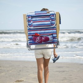 Tommy Bahama 2-Pack 5-Position Classic Lay Flat Backpack Beach Chair with Cooler and Cup Holder, Portable Folding Beach Chair for Tanning, Red/White/Blue