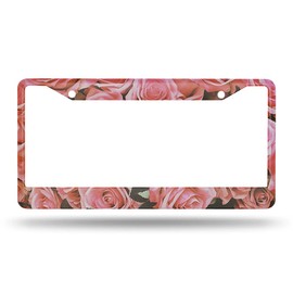 Beabes Rose License Plate Frame Pink Floral Blossom License Plate Holder Romantic Love Valentine Car Tag Frame License Plate Cover Car Accessories 2 Holes Novelty Auto Car Tag Vanity Present