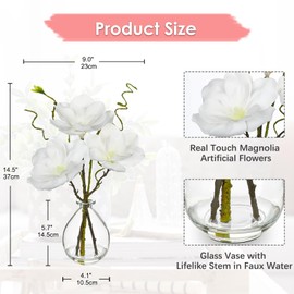 DILATATA Faux Flowers in Vase 14.5" Magnolias Flowers Arrangement with Faux Water Real Touch Flowers for Wedding Table Centerpiece Home Decor, White