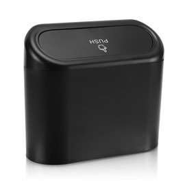 LONGRUI Mini Car Trash Can with Lid – Small Push-Type Auto Garbage Bin with Clip, Compact Vehicle Trash Container for Car Door, Console, or Desk, Black
