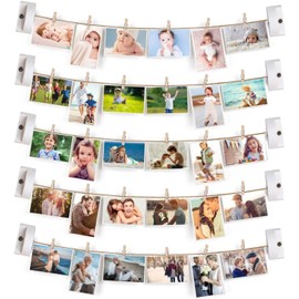 Emfogo Pictures Wall Decor, Wood Hanging Photo Display DIY Decor 5 Strings with 30 Clips, Adjustable Twines fit Multi Photo Wall Display Organizer 35 x 35 inch