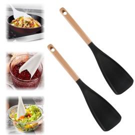 Neuer 2-in-1 Multifunktions-Löffel Spatellöffel, Multi Function Spoon, Hängenden, Hölzernen Griff Spatel Kochlöffel zum Kochen,Silikon Kochlöffel mit Holzgriff Multifunktional, Schwarz