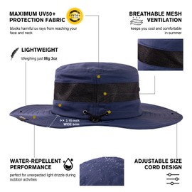Summer Mesh Bucket Sun Hats for Men Big Head Wide Brim Boonie Safari Waterproof Beach UPF50+ Fishing Hiking Navy Blue