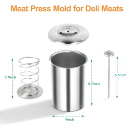 OUMOR Meat Press Mold for Deli Meats, Deli Meat and Ham Maker Meat Press Tool, Sandwich Lunchmeat Press Maker with Thermometer & Wire Cleaning Cloths & Cooking Bags