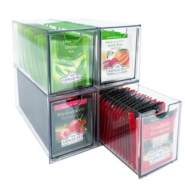 AZEZO 4-Pack Tea Bag Drawers Organizer - 4 Clear Plastic Drawer Tea Bag Holder; Stackable & Portable; Wider Size; Well-Organized Storage for Tea Bags & Kitchen Essentials