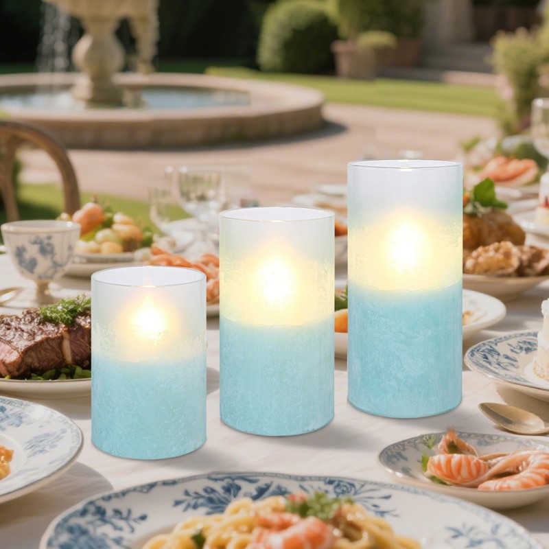 Holitown Glass Flameless Candles Set of 3 Blue Sandblasted Battery