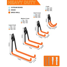 QcoQce 14 Pack Garage Hooks Heavy Duty with 2 Extension Cord Straps,Garge Storage Hooks, Wall Mount Hooks, Garage Organization and Tool Hangers for Bike, Ladder, Ropes and Garden Tools(Orange)