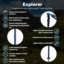 Versatile Trekking Pole with Accessories - Ideal for Hiking with Excellent Foam Grip Lightweight, Durable Tungsten Carbon Tip. Adjustable Length, Collapsible, Internal Storage, Canvas Carry Bag