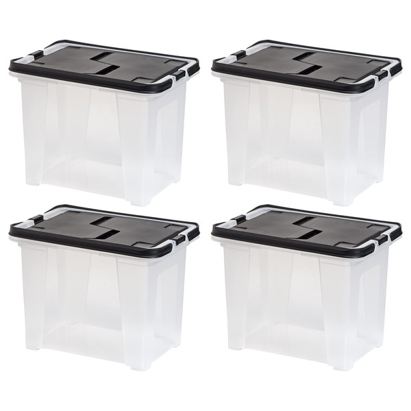 IRIS USA Letter Size Portable Wing-Lid File Box with Handles, 4 Pack, Black