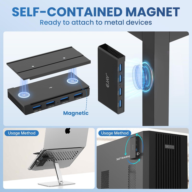 EJAY 4-Port Magnetic USB 3.0 Hub, 5Gbps High-Speed Data Transfer,