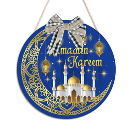 Putuo Decor Ramadan Kareem Door Hanging Sign for Front Door Round Islam Mubarak Wooden Hanging Wreaths Eid Mubarak Moon Welcome Sign Plaque for Ramadan Mubarak Wall Door Party Decorations