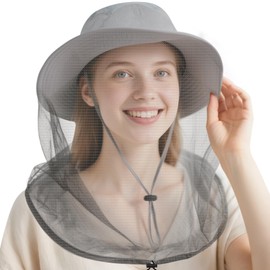 Mosquito Net Hat for Women Men - Sun Protection Hat with Foldable Mesh, Fishing & Hiking Hat with Ponytail for Beach, Safari Grey