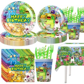 141pcs Singing Monsters Birthday Tableware Decorations Party Plates Cups Soccer Theme Napkins Singing Monsters Party Decoration