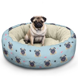 Pug Calming Round Bed Washable Dog Bed Donut Indoor (Pug, 20" L x 20" W x 8" Th)