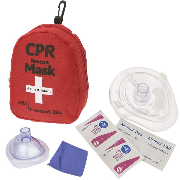 ASA TECHMED Adult/Child + Infant CPR Pocket Resuscitator Rescue Masks - 2 Valves: Includes Gloves, Antiseptic Wipes + Soft Case