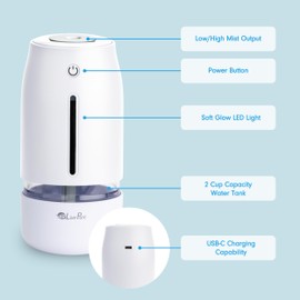 LivePure Cool Mist Humidifiers for Bedroom. Small Humidifier for Babies, Nursery, Plants, Office. Ultrasonic Cool Mist Humidifier w/ Quiet Operation, USB-C Rechargeable. White