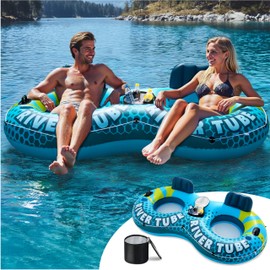 SLOOSH 2-Person Inflatable River Tube - Heavy Duty River Run Tubes Pool Lake Floats for Adults, Large Floating Raft Lounge Above Water Floaties with 2 Cup Holders & Removable Cooler