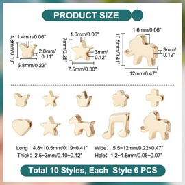 PH PandaHall 10 Style 14K Gold Plated Beads，60Pcs Smooth Beads Long-Lasting Star Heart Flower Spacer Beads Loose Ball Beads Gold Metal Beads for Summer Stackable Necklace, Bracelet, Earring Making