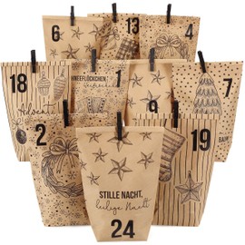 Papierdrachen Advent Calendar to Fill at Home - 24 Brown Printed Gift Bags and 24 Number Stickers and Clips - Holy Night Motif - for Crafts and Gifts - Christmas