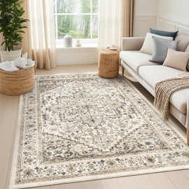 Restydon 5x7 Area Rugs,Ultra-Thin Washable Rugs for Living Room,Anti Slip Backing Area Rug, Super-Soft Floral Vintage Home Decor Rug (Brown,5'x7')