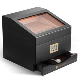GLENCREAG FT-2042 Cigar Humidor Box for 85 Counts, See-Through Design with Spanish Cedar Lining & Divider, Digital Hygrometer, Accessory Drawer & Humidifier, Gift for Cigar Lover (Ebony)