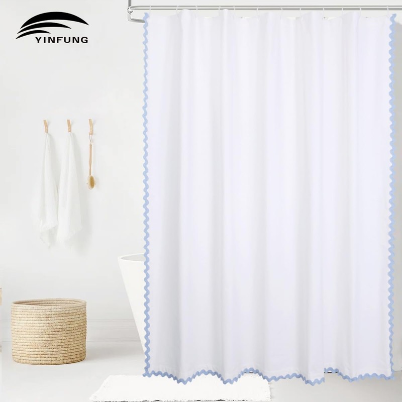 Scalloped Shower Curtain Cotton Blue White for Bathroom Textured 72x84