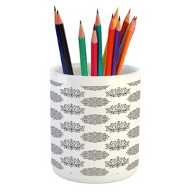 Ambesonne Ethnic Pencil Pen Holder, Monochrome Design of Lotus Flowers and Eastern Style Mandala Inspired, Ceramic Pencil Holder for Desk Office Accessory, 3.6" X 3.2", Charcoal Grey White
