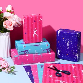 Pineraap 12 Sheets Gymnastics Wrapping Paper, I Love Gymnastics Gift Wrap Paper Colorful Gifts Packing Paper for Girls Birthday Party Baby Shower Holiday, 20 x 28 Inch