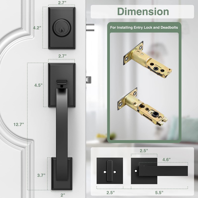 Floresita Front Door Lock Set, Black Front Door Handle and