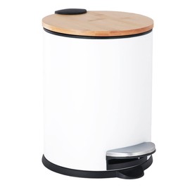 Trash Can with Lid 3L Pedal Trash Can Round Bamboo Lid Trash Can No Noise Odorless Airtight for Kitchen, Living Room, Toilet, Bathroom, Office (White)