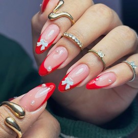 24 Pcs Red French Tip Press on Nails Medium Almond Fake Nails with Charms Design Bow False Nails Pearl Glue on Nails Full Cover Acrylic Nails for Women Girl Nail Decoration