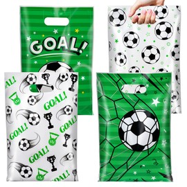 50 Pcs Soccer Party Favor Bags, 4 Designs Soccer Goodie Bags with Handles for Kids Birthday Party, Snack Treat Gift Bags for Team Sports Events, Candy & Soccer Theme Supplies