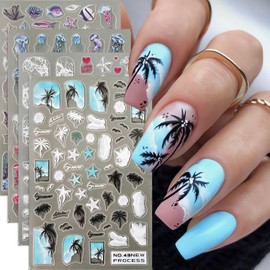 Summer Nail Stickers Ocean Theme Nail Decals 4PCS 3D Coconut Tree Jellyfish Starfish Fish Shell Sea Wave Seahorse Coral Pattern Design Adhesive Slider Accessories Nail Art Supplies Decorations Charms
