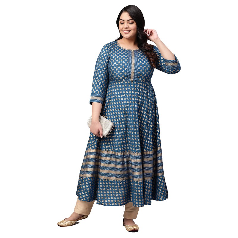 Yash Gallery Rayón Buta Print Anarkali Kurta para mujer, Azul.,