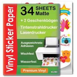 AgoDeo Hochwertiges bedruckbares Vinyl-Aufkleberpapier – 34 Blatt – A4 – matt – Wasserfest – für Laser- und Tintenstrahldrucker geeignetes Vinyl-Aufkleberpapier – kompatibel mit Cricut