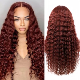 AAKJJ Deep Wave Lace Front Wigs Human Hair Reddish Brown 13x4 HD Lace Frontal Copper Auburn Wig Pre-Plucked with Baby Hair 200% Density for Women 34 Inch